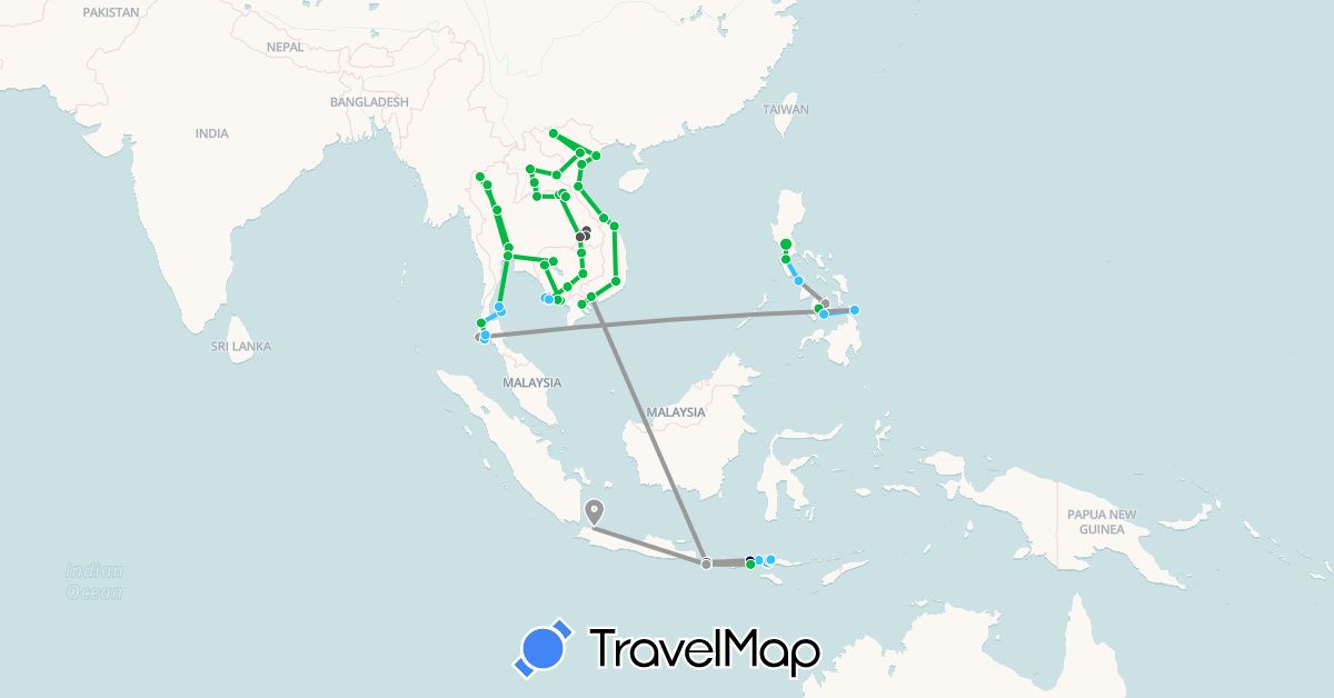 TravelMap itinerary: driving, bus, plane, boat, motorbike in Indonesia, Cambodia, Laos, Philippines, Thailand, Vietnam (Asia)